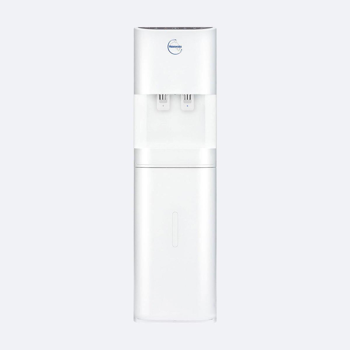 Waterworks D25 Point-of-Use Water Cooler Dispenser in white, cold and room temperature taps