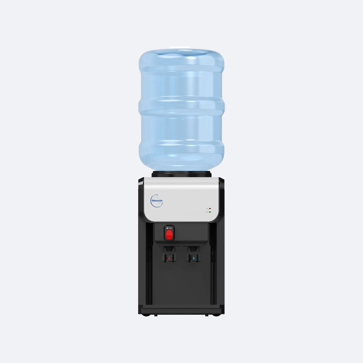 Waterworks SB19 Bench Top Bottled Water Cooler Dispenser in black, hot and cold taps