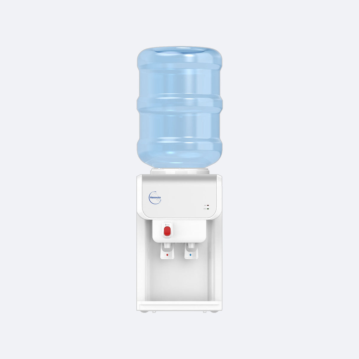 Waterworks SB19 Bench Top Bottled Water Cooler Dispenser in white, hot and cold taps