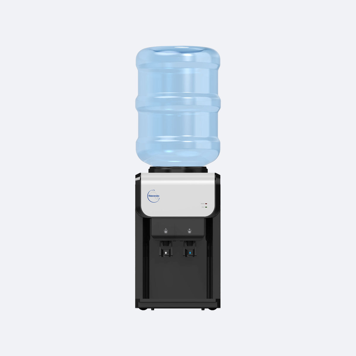 Waterworks SB19 Bench Top Bottled Water Cooler Dispenser in black, cold and room temperature taps