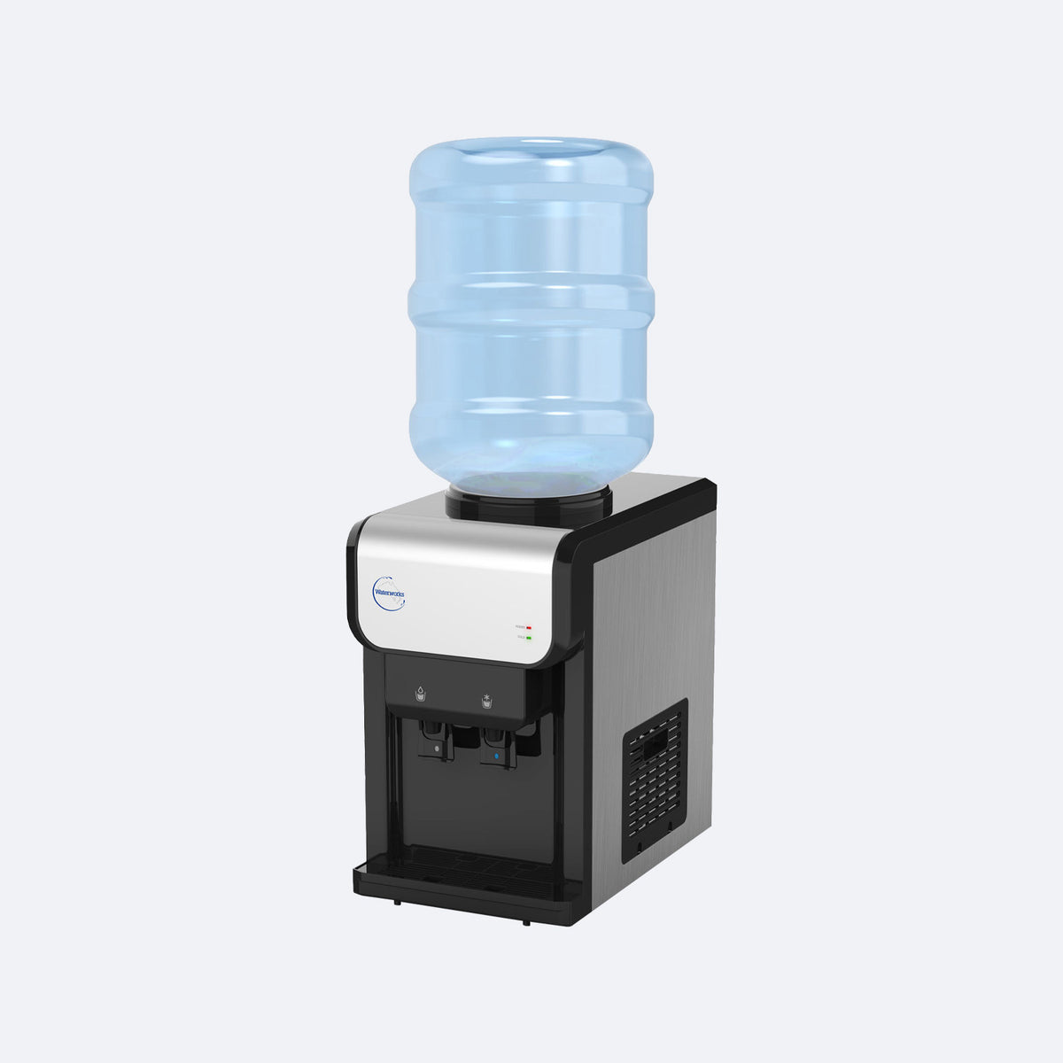 Waterworks SB19 Bench Top Bottled Water Cooler Dispenser in black, cold and room temperature taps