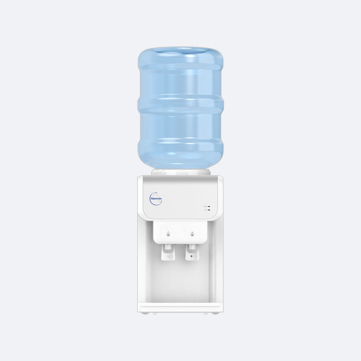 Waterworks SB19 Bench Top Bottled Water Cooler Dispenser in white, cold and room temperature taps