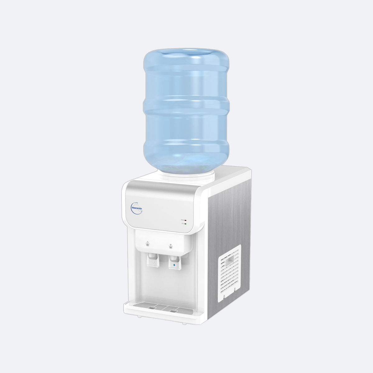 Waterworks SB19 Bench Top Bottled Water Cooler Dispenser in white, cold and room temperature taps